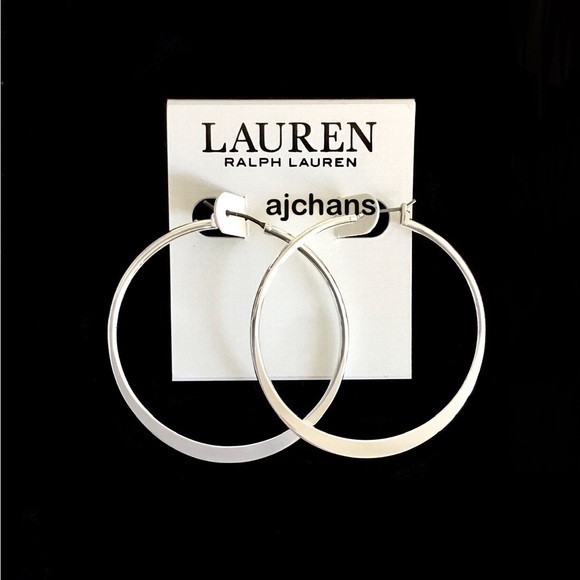 Lauren Ralph Lauren Silver Tone Medium Thin Hoop Earrings - Picture 2 of 4